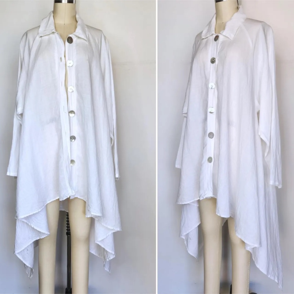 White LINEN Duster Jacket Coat Oversized Lagenlook Asymmetrical Minimalist